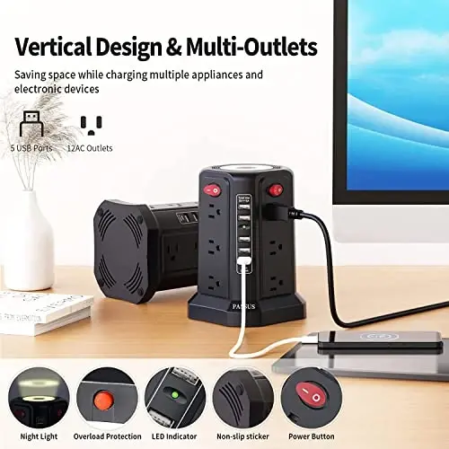 Сетевой фильтр-удлинитель в виде башни с 5 портами USB и ночником, удлинитель 3 м с 12 розетками переменного тока, башня питания PASSUS, защита от перегрузки для дома, офиса, общежития (2 шт. - белый + черный) - 3