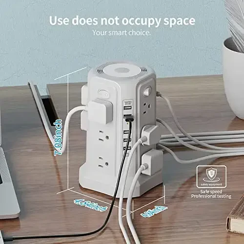 Сетевой фильтр в виде башни с 5 портами USB и ночником, удлинитель 3 м с 12 розетками переменного тока, башня питания PASSUS, защита от перегрузки для дома, офиса, общежития (2 шт., белый) - 6