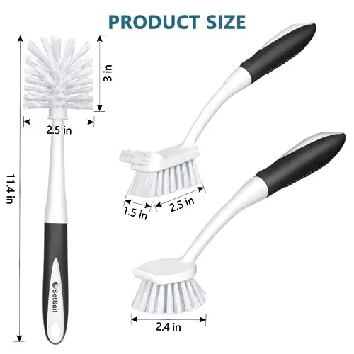 SetSail Dish Brush Set of 3 with Bottle Brush, Dish Scrub Brush with Long Handle Deep Cleaning Handle Brush with Scraper Tip for Kitchen Sink Dishes Bottle Cup Pot and Pans Tile Lines, Black - 2