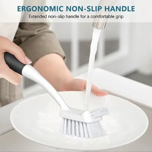 SetSail Dish Brush Set of 3 with Bottle Brush, Dish Scrub Brush with Long Handle Deep Cleaning Handle Brush with Scraper Tip for Kitchen Sink Dishes Bottle Cup Pot and Pans Tile Lines, Black - 5