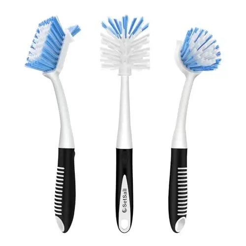 SetSail Dish Brush Set of 3 with Bottle Brush, Dish Scrub Brush with Long Handle Deep Cleaning Handle Brush with Scraper Tip for Kitchen Sink Dishes Bottle Cup Pot and Pans Tile Lines, Black Blue 