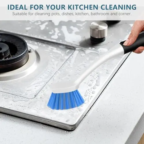 SetSail Dish Brush Set of 3 with Bottle Brush, Dish Scrub Brush with Long Handle Deep Cleaning Handle Brush with Scraper Tip for Kitchen Sink Dishes Bottle Cup Pot and Pans Tile Lines, Black Blue - 3