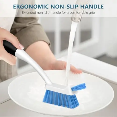 SetSail Dish Brush Set of 3 with Bottle Brush, Dish Scrub Brush with Long Handle Deep Cleaning Handle Brush with Scraper Tip for Kitchen Sink Dishes Bottle Cup Pot and Pans Tile Lines, Black Blue - 5