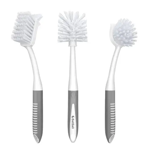 SetSail Dish Brush Set of 3 Piece, Dish Scrub Brush with Long Handle Deep Cleaning Brush with Scraper Tip for Kitchen Dishes Bottle Cup Pot Pan, Grey 