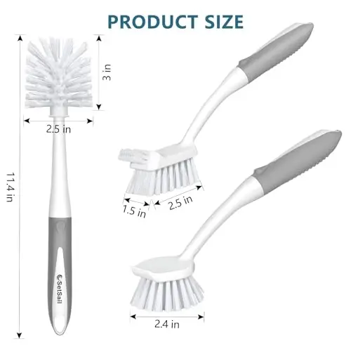 SetSail Dish Brush Set of 3 Piece, Dish Scrub Brush with Long Handle Deep Cleaning Brush with Scraper Tip for Kitchen Dishes Bottle Cup Pot Pan, Grey - 2