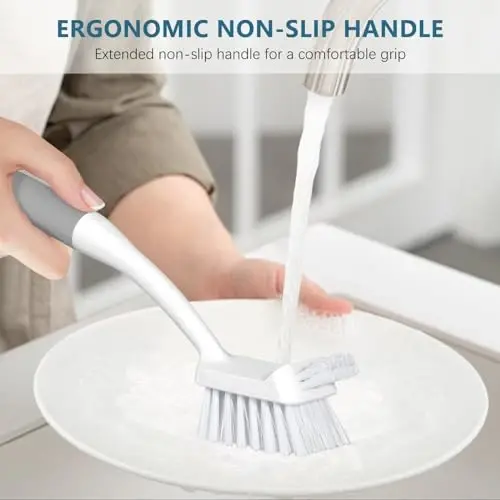 SetSail Dish Brush Set of 3 Piece, Dish Scrub Brush with Long Handle Deep Cleaning Brush with Scraper Tip for Kitchen Dishes Bottle Cup Pot Pan, Grey - 5