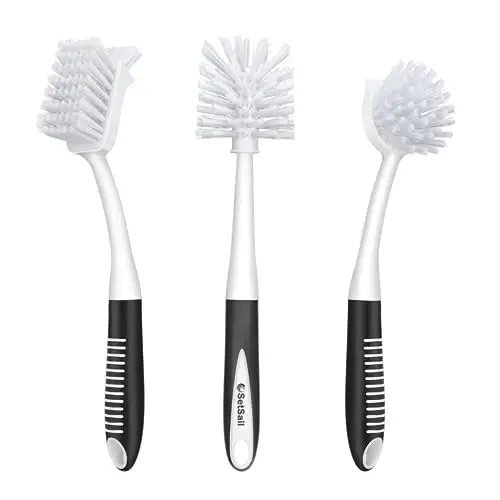 SetSail Dish Brush Set of 3 with Bottle Brush, Dish Scrub Brush with Long Handle Deep Cleaning Handle Brush with Scraper Tip for Kitchen Sink Dishes Bottle Cup Pot and Pans Tile Lines, Black - 1