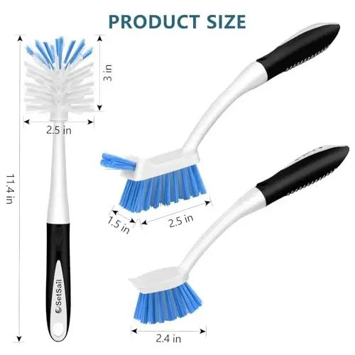 SetSail Dish Brush Set of 3 with Bottle Brush, Dish Scrub Brush with Long Handle Deep Cleaning Handle Brush with Scraper Tip for Kitchen Sink Dishes Bottle Cup Pot and Pans Tile Lines, Black Blue - 2