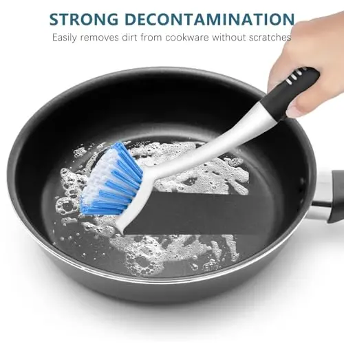 SetSail Dish Brush Set of 3 with Bottle Brush, Dish Scrub Brush with Long Handle Deep Cleaning Handle Brush with Scraper Tip for Kitchen Sink Dishes Bottle Cup Pot and Pans Tile Lines, Black Blue - 4