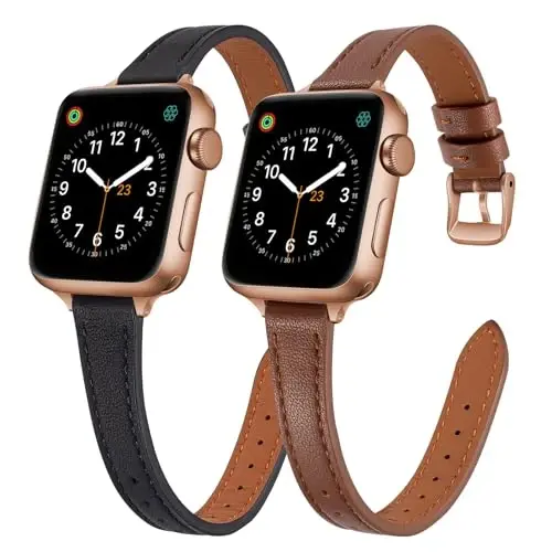 SEURE 2-pack кожаные ремешки, совместимые с Apple Watch Band для женщин 38мм 40мм 41мм 42мм 44мм 45мм 46мм 49мм, тонкий ремешок из натуральной кожи для iWatch Ultra SE Series 10/9/8/7/6/5/4/3/2/1 - 1