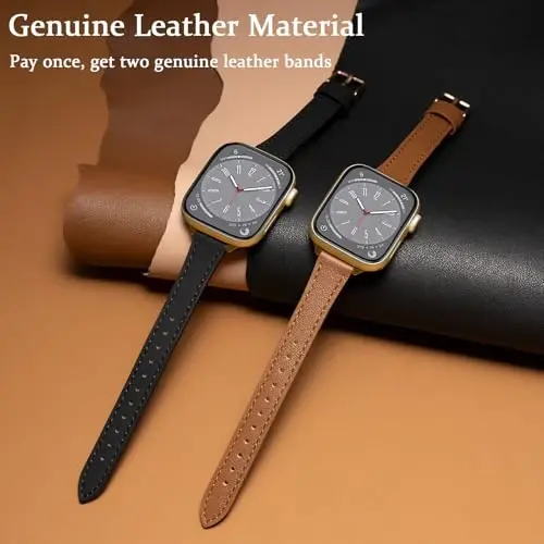 SEURE 2-pack Leather Bands Compatible with Apple Watch Band 38mm 40mm 41mm 42mm 44mm 45mm 46mm 49mm, Genuine Leather Band Slim Thin Strap for iWatch Ultra SE Series 10/9/8/7/6/5/4/3/2/1 - 2