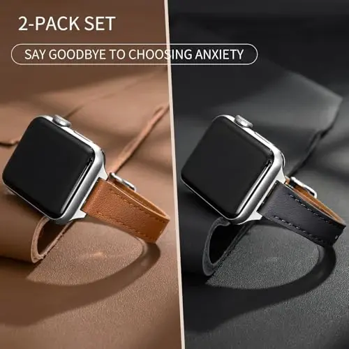 SEURE 2-pack Leather Bands Compatible with Apple Watch Band for women 38mm 40mm 41mm 42mm 44mm 45mm 46mm 49mm,Genuine Leather Band Slim Thin Strap for iWatch Ultra SE Series 10/9/8/7/6/5/4/3/2/1 - 2