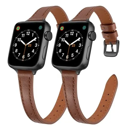 SEURE 2-pack Leather Bands Compatible with Apple Watch Band for women 38mm 40mm 41mm 42mm 44mm 45mm 46mm 49mm,Genuine Leather Band Slim Thin Strap for iWatch Ultra SE Series 10/9/8/7/6/5/4/3/2/1 - 1