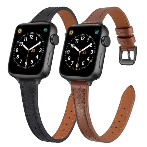 SEURE 2-pack Leather Bands Compatible with Apple Watch Band for women 38mm 40mm 41mm 42mm 44mm 45mm 46mm 49mm,Genuine Leather Band Slim Thin Strap for iWatch Ultra SE Series 10/9/8/7/6/5/4/3/2/1 