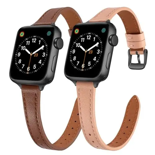 SEURE 2-pack Leather Bands Compatible with Apple Watch Band for women 38mm 40mm 41mm 42mm 44mm 45mm 46mm 49mm,Genuine Leather Band Slim Thin Strap for iWatch Ultra SE Series 11/10/9/8/7/6/5/4/3/2/1 - 1