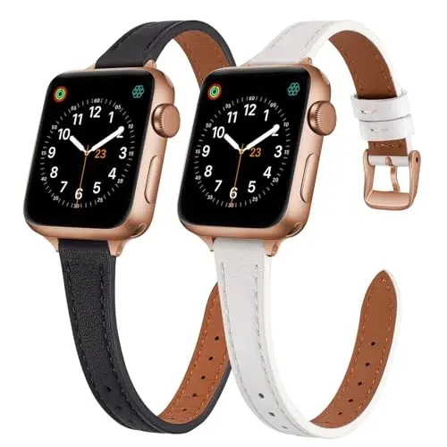 SEURE 2-pack Leather Bands Compatible with Apple Watch Band for women 38mm 40mm 41mm 42mm 44mm 45mm 46mm 49mm,Genuine Leather Band Slim Thin Strap for iWatch Ultra SE Series 10/9/8/7/6/5/4/3/2/1 
