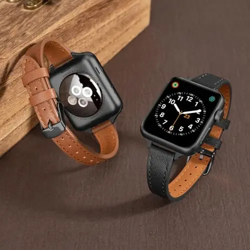 SEURE 2-pack Leather Bands Compatible with Apple Watch Band for women 38mm 40mm 41mm 42mm 44mm 45mm 46mm 49mm,Genuine Leather Band Slim Thin Strap for iWatch Ultra SE Series 11/10/9/8/7/6/5/4/3/2/1 - 3