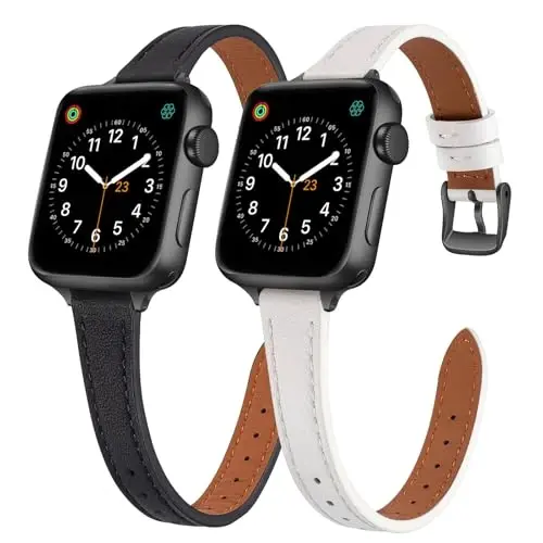 SEURE 2-pack Leather Bands Compatible with Apple Watch Band for women 38mm 40mm 41mm 42mm 44mm 45mm 46mm 49mm,Genuine Leather Band Slim Thin Strap for iWatch Ultra SE Series 10/9/8/7/6/5/4/3/2/1 - 1