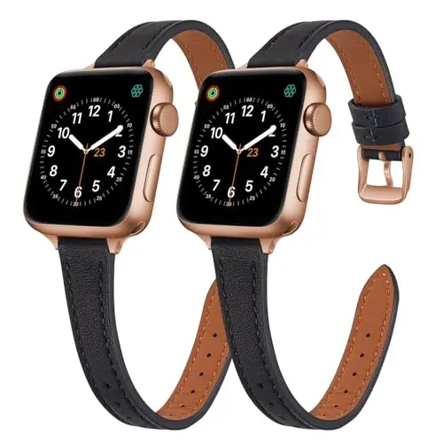 SEURE 2-pack Leather Bands Compatible with Apple Watch Band for women 38mm 40mm 41mm 42mm 44mm 45mm 46mm 49mm,Genuine Leather Band Slim Thin Strap for iWatch Ultra SE Series 10/9/8/7/6/5/4/3/2/1 
