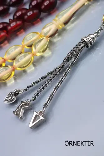 Sevgiliga maxsus xabarlar yozilgan fosilli Bayrut kehribar tasbehi - Ismga maxsus 8x12 mm bayzi tasbeh - yog'och qutichada - fosilli - 2