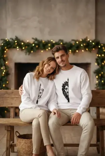 Sevgililer Günü Baskılı Oversize Bisiklet Yaka Sweatshirt - Beyaz - BÜYÜKBEDENIZ (1)