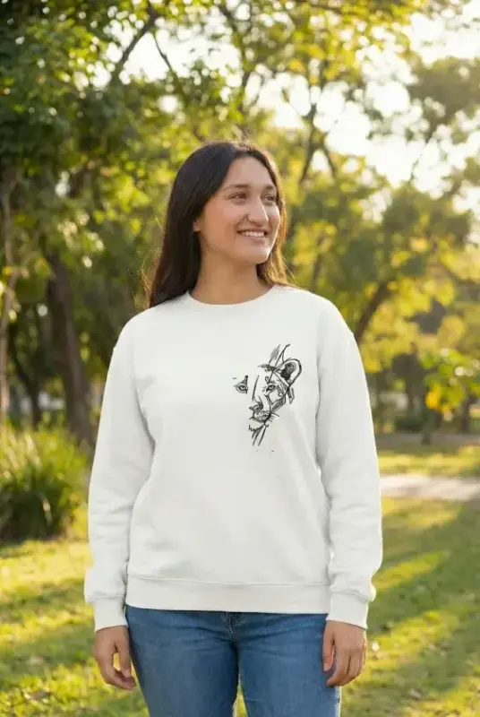 Sevgililer Günü Özel Bisiklet Yaka Baskılı Oversize Sweatshirt - Beyaz - BÜYÜKBEDENIZ