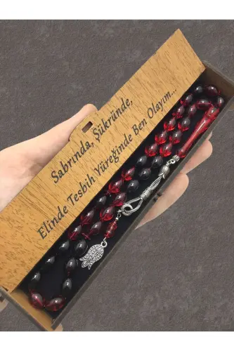 Sevgililer Günü Tesbih,kırmızı Siyah Hareli Ahşap Kutulu Tesbih-kırmızı siyah 