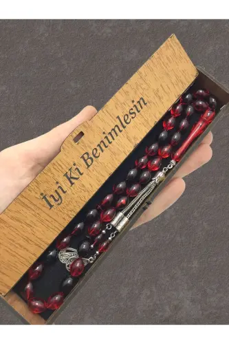 Sevgililer Günü Tesbih,kırmızı Siyah Hareli Ahşap Kutulu Tesbih-kırmızı siyah 