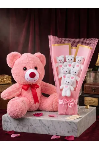 Sevgiliye Hediye - Kiza Hediye 35cm Pembe Ayıcık ve 6lı Ayıcık Buketi - Dogum Gunu Hediyesi - 1