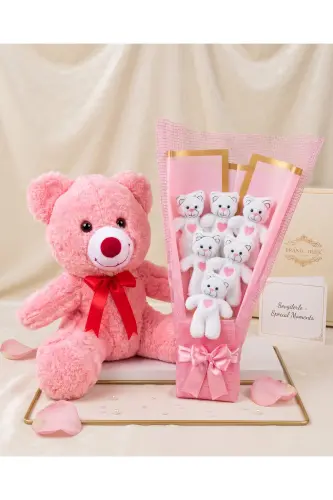 Sevgiliye Hediye - Kiza Hediye 35cm Pembe Ayıcık ve 6lı Ayıcık Buketi - Dogum Gunu Hediyesi - 4