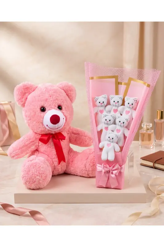 Sevgiliye Hediye - Kiza Hediye 35cm Pembe Ayıcık ve 6lı Ayıcık Buketi - Dogum Gunu Hediyesi - 5