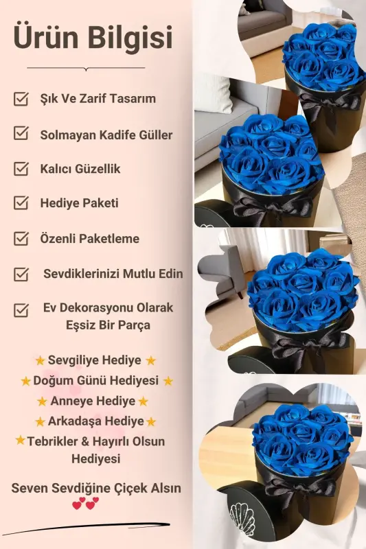 Sevgiliye Özel Hediye Gül Kutu Mavi Hediyelik Çiçek Doğum Günü Sepeti Kız Arkadaşa Eşe Sevgili - 2
