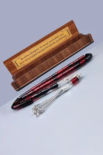 Sevgiliye Özel Mesajlı Ateşi Kehribar Tesbih - Isme Özel 7x11 Mm Kesme Tespih - Ahşap Kutulu - Kırmzı Siyah Kesme - 1