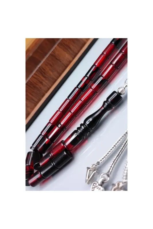Sevgiliye Özel Mesajlı Ateşi Kehribar Tesbih - Isme Özel 7x11 Mm Kesme Tespih - Ahşap Kutulu - Kırmzı Siyah Kesme - 4