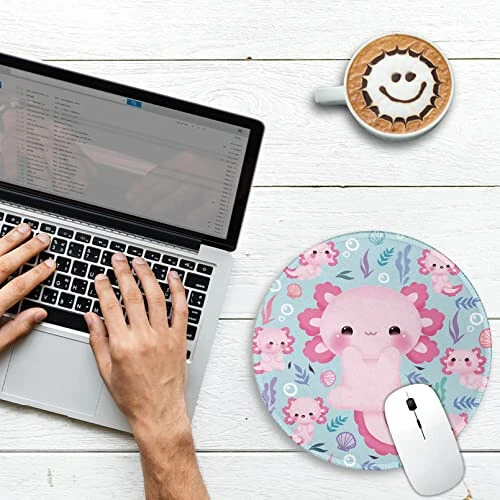 Cute Axolotls Round Mouse Pad, Small Mousepad for Laptop Gaming Women, with Stitched Edge Non-Slip Rubber Base, Cute Home Office Decor Desk Accessories Office Supplies Gift for Women Teen Girls - GCTRIKI (1)