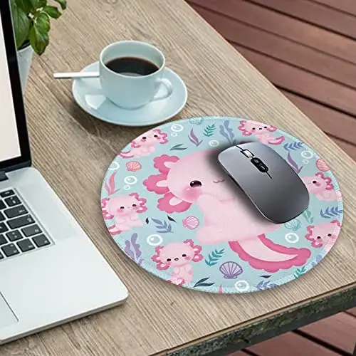 Cute Axolotls Round Mouse Pad, Small Mousepad for Laptop Gaming Women, with Stitched Edge Non-Slip Rubber Base, Cute Home Office Decor Desk Accessories Office Supplies Gift for Women Teen Girls - 1