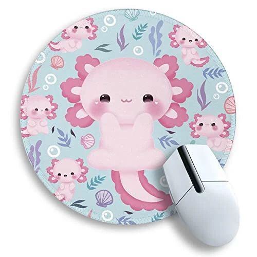Cute Axolotls Round Mouse Pad, Small Mousepad for Laptop Gaming Women, with Stitched Edge Non-Slip Rubber Base, Cute Home Office Decor Desk Accessories Office Supplies Gift for Women Teen Girls 
