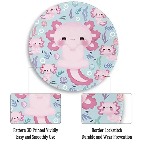 Cute Axolotls Round Mouse Pad, Small Mousepad for Laptop Gaming Women, with Stitched Edge Non-Slip Rubber Base, Cute Home Office Decor Desk Accessories Office Supplies Gift for Women Teen Girls - 3