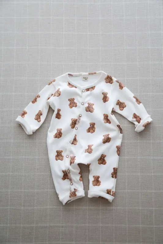 Sevimli Ayıcık Teddy Desen Organik Kaşkorse Bebek Tulum-Kahverengi - 1