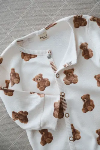 Sevimli Ayıcık Teddy Desen Organik Kaşkorse Bebek Tulum-Kahverengi - 3