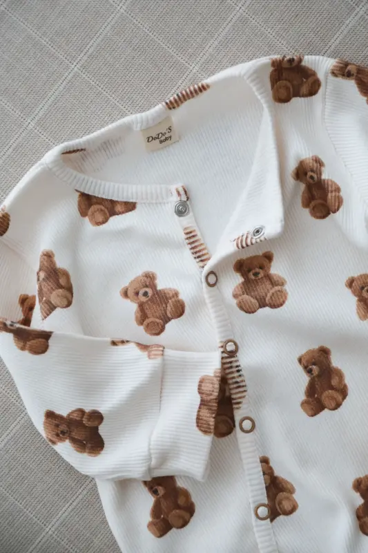 Sevimli Ayıcık Teddy Desen Organik Kaşkorse Bebek Tulum-Kahverengi - 3