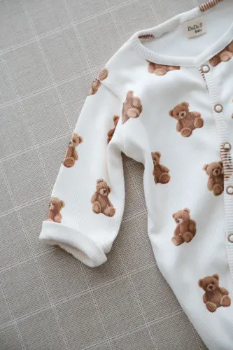 Sevimli Ayıcık Teddy Desen Organik Kaşkorse Bebek Tulum-Kahverengi - 5