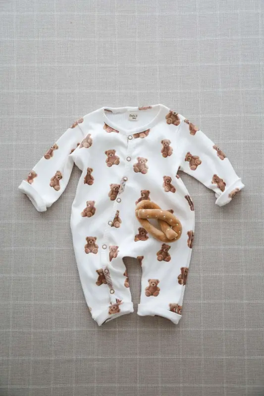 Sevimli Ayıcık Teddy Desen Organik Kaşkorse Bebek Tulum-Kahverengi - 4