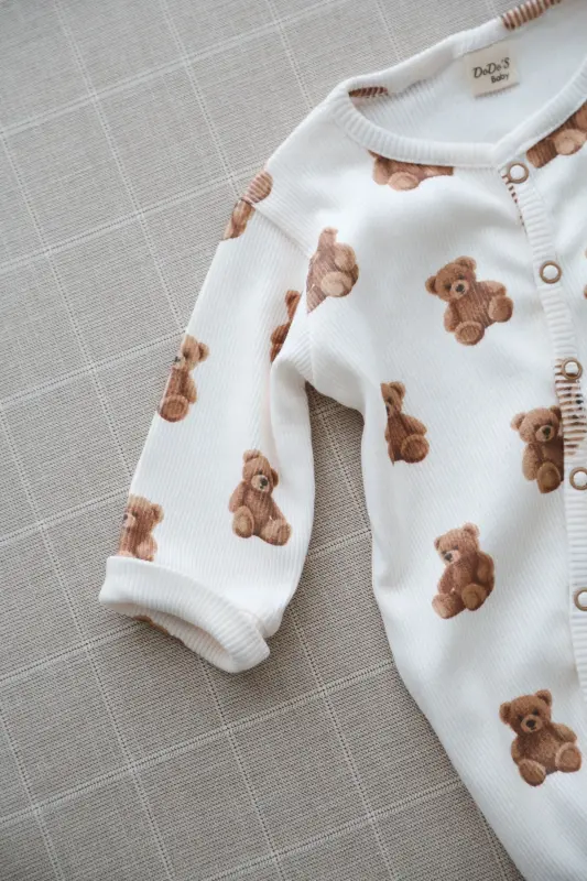 Sevimli Ayıcık Teddy Desen Organik Kaşkorse Bebek Tulum-Kahverengi - 5