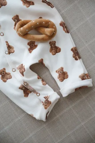 Sevimli Ayıcık Teddy Desen Organik Kaşkorse Bebek Tulum-Kahverengi - 6