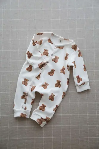 Sevimli Ayıcık Teddy Desen Organik Kaşkorse Bebek Tulum-Kahverengi - 7