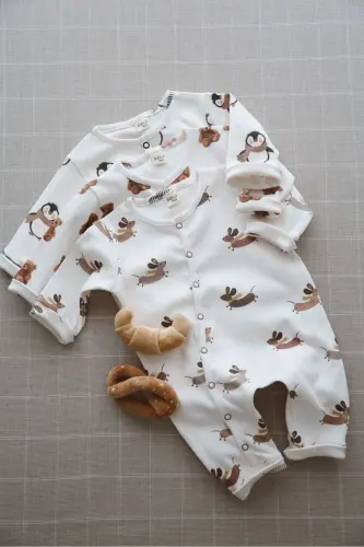 Sevimli Ayıcık Teddy Desen Organik Kaşkorse Bebek Tulum-Kahverengi - 8