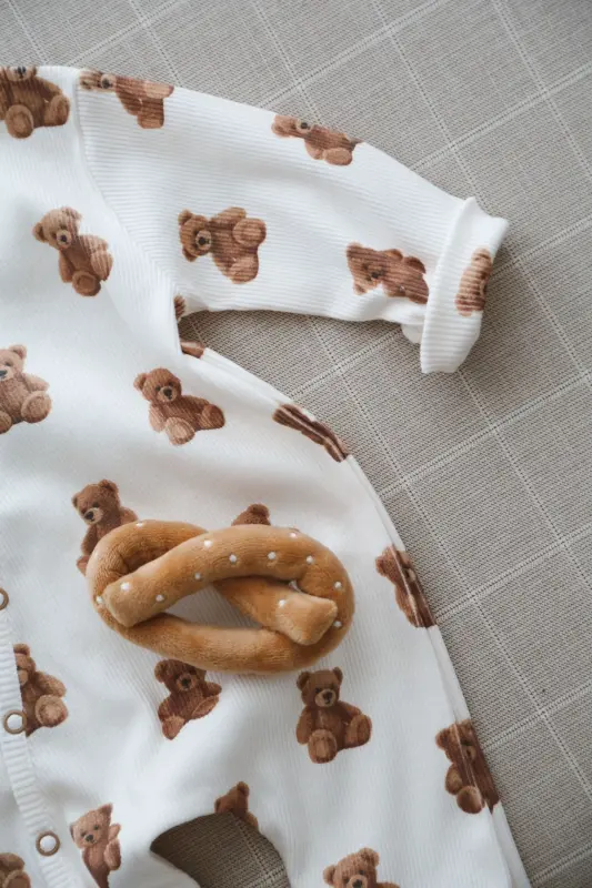 Sevimli Ayıcık Teddy Desen Organik Kaşkorse Bebek Tulum - Kahverengi - 2