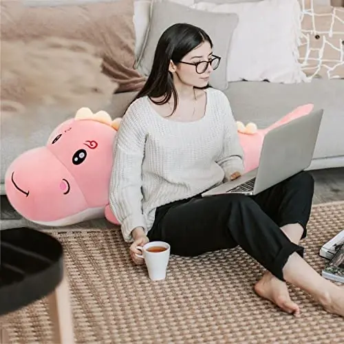 Cute Dinosaur Stuffed Animal Pillow, Soft Lumbar Back Cushion, Big Plushies, Great Gift for Kids Birthday, Valentine (Pink, 31.4in) - 2