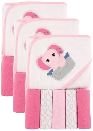 Luvable Friends Unisex Baby Hooded Towel with Five Washcloths, Pink Elephant, One Size (Pack of 3) 